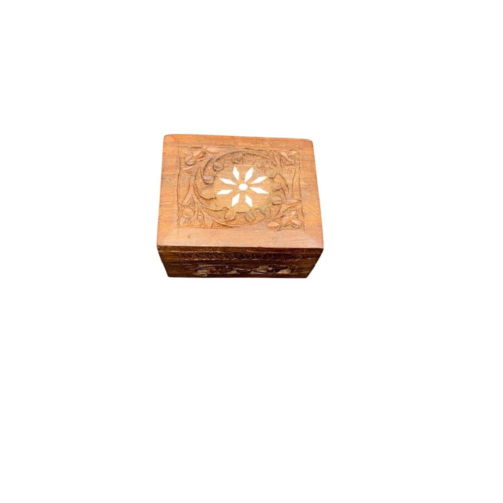 Vintage Hinged Hand-carved WOODEN Trinket Box with Inlay 2.5” X 3” Made in India